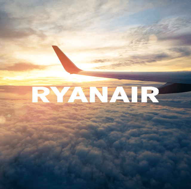 ryanair logo overlaid onto a photo of a plane wing in the sky