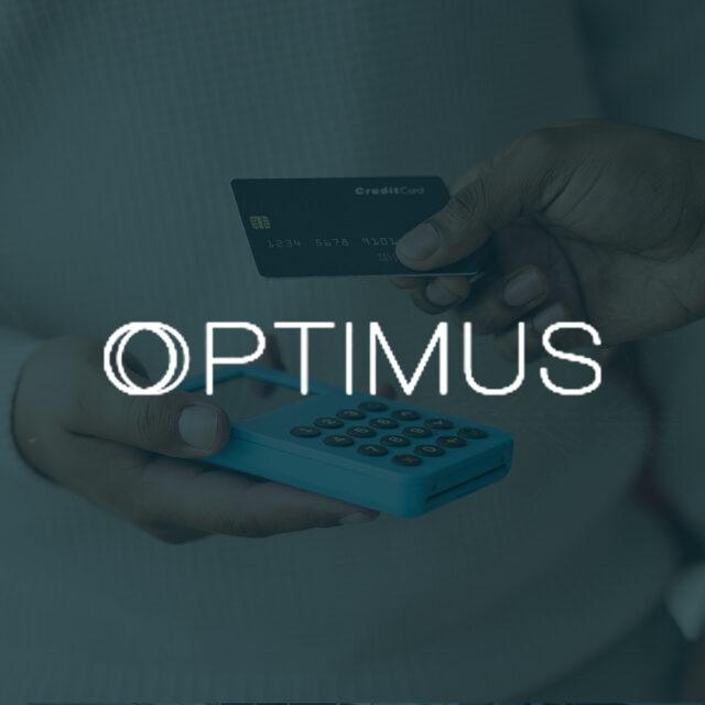 Optimus logo over a person holding a card payment device