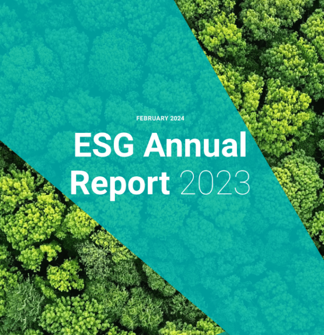 ESG Annual Report 2023. Over an image of green trees