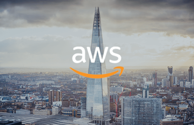 AWS logo over city skyline