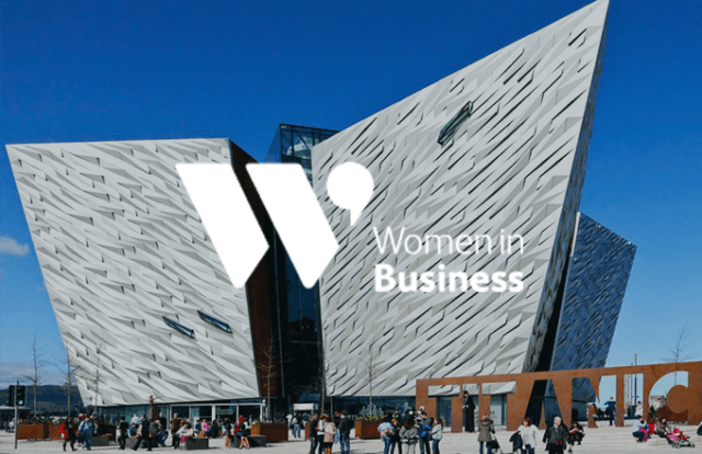 'Women in Business' logo on top of the Titanic Belfast.