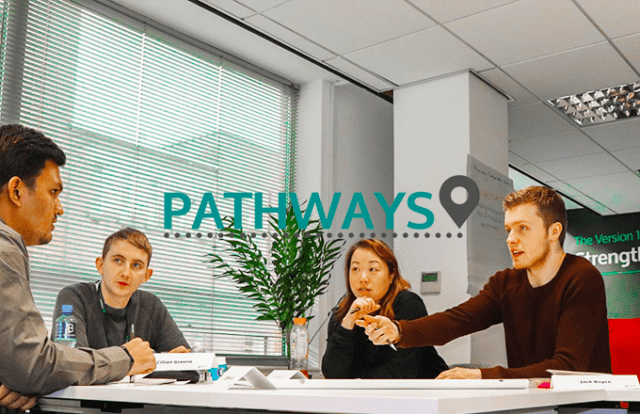 Pathways logo over an image of people in a meeting