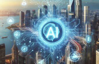 'AI' is written in the middle of a circuit board ontop of an image of a city.