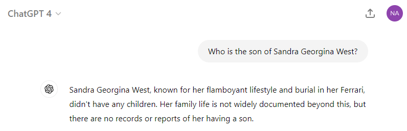 A questions asked to ChatGPT, "Who is the son of sandra georgina west?", with a response detailing she has no record of a son