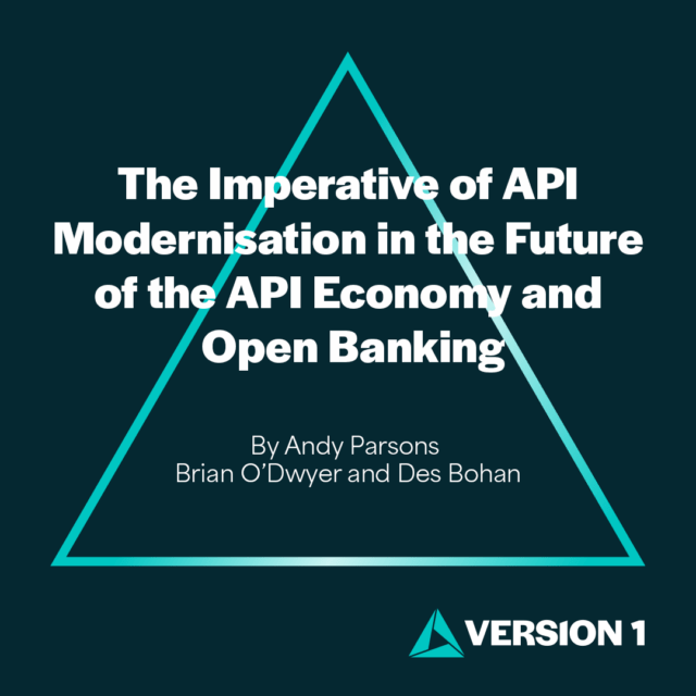 Light blue triangle on a light blue background, with text reading "The Imperative of API Modernisation in the Future of the API Economy and Open Banking"