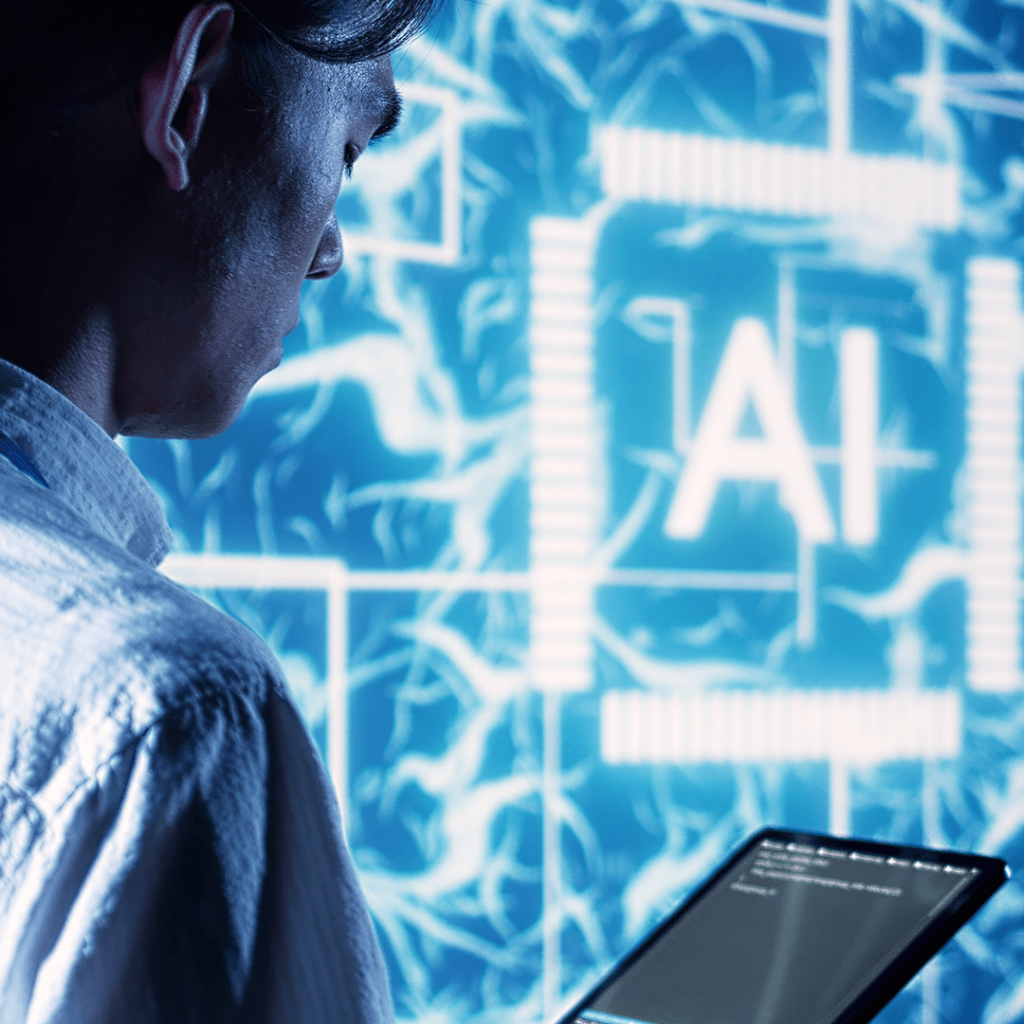 A man looking at a tablet, with AI written in the background