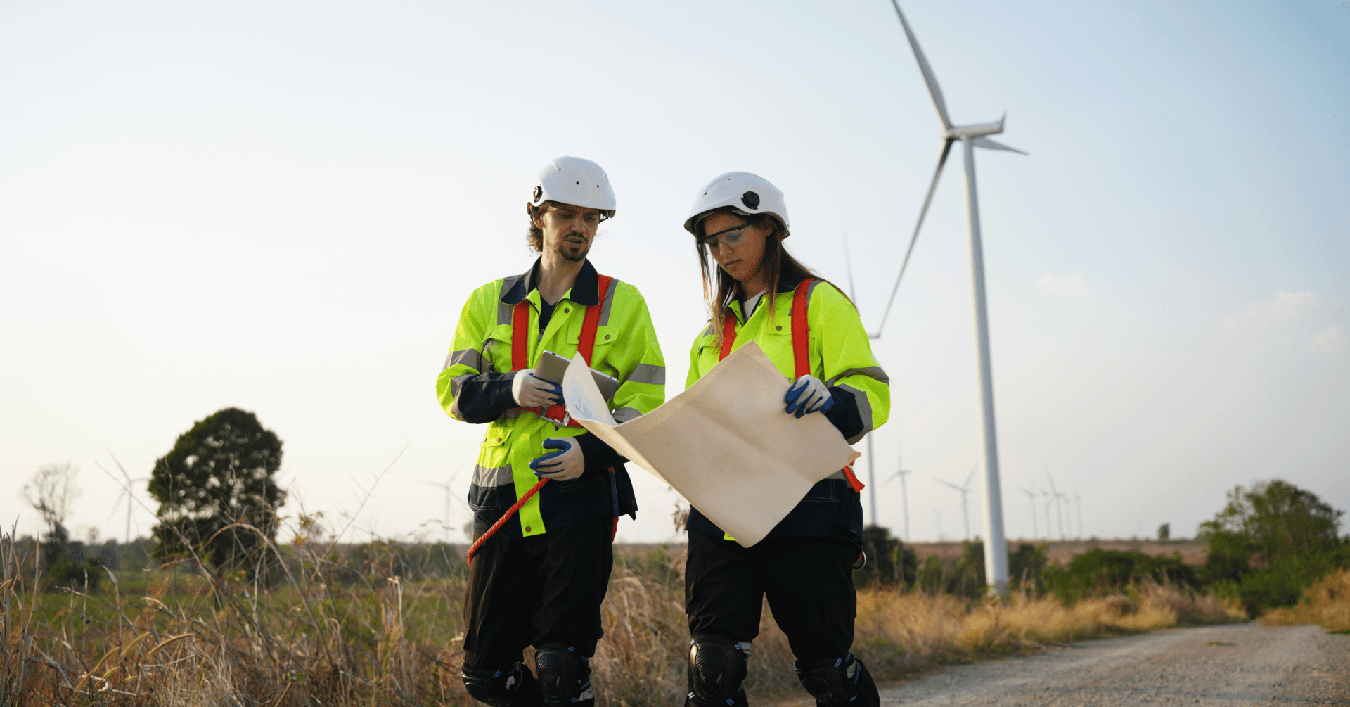 Two people in high-vis jackets, looking at plans, standing in front of a windmill